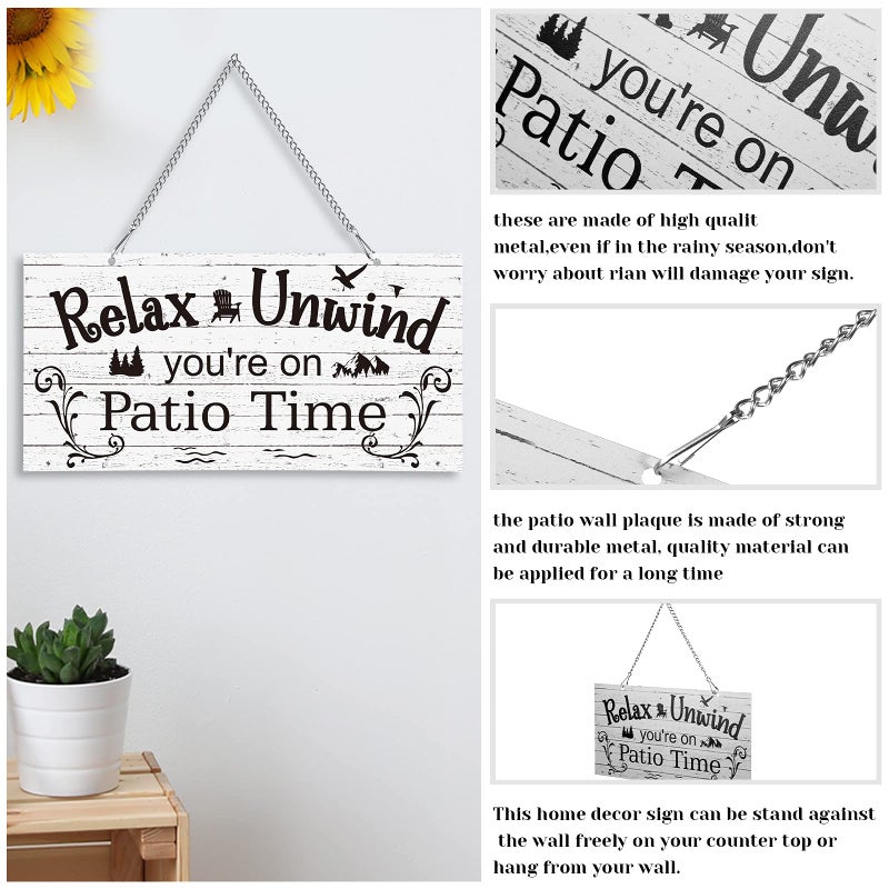 Hotop Outdoor Patio Sign Decoration Metal Patio Signs Decor for Backyard Porch Wall Art Balcony Gazebo Accessories Relax Placard for Summer Outside Decorations(10 x 5",White) - Image 3