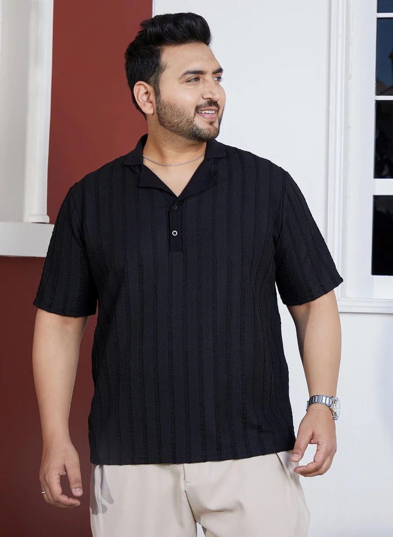 Instafab Plus Instafab Plus Men's Onyx Black Wicker-Tactitle Polo T-Shirt For Casual Wear | Polo Neck | Short Cuffed Sleeves | Half-Button Closure | Plus Size T-Shirt Crafted With Comfort Fit For Everyday Wear