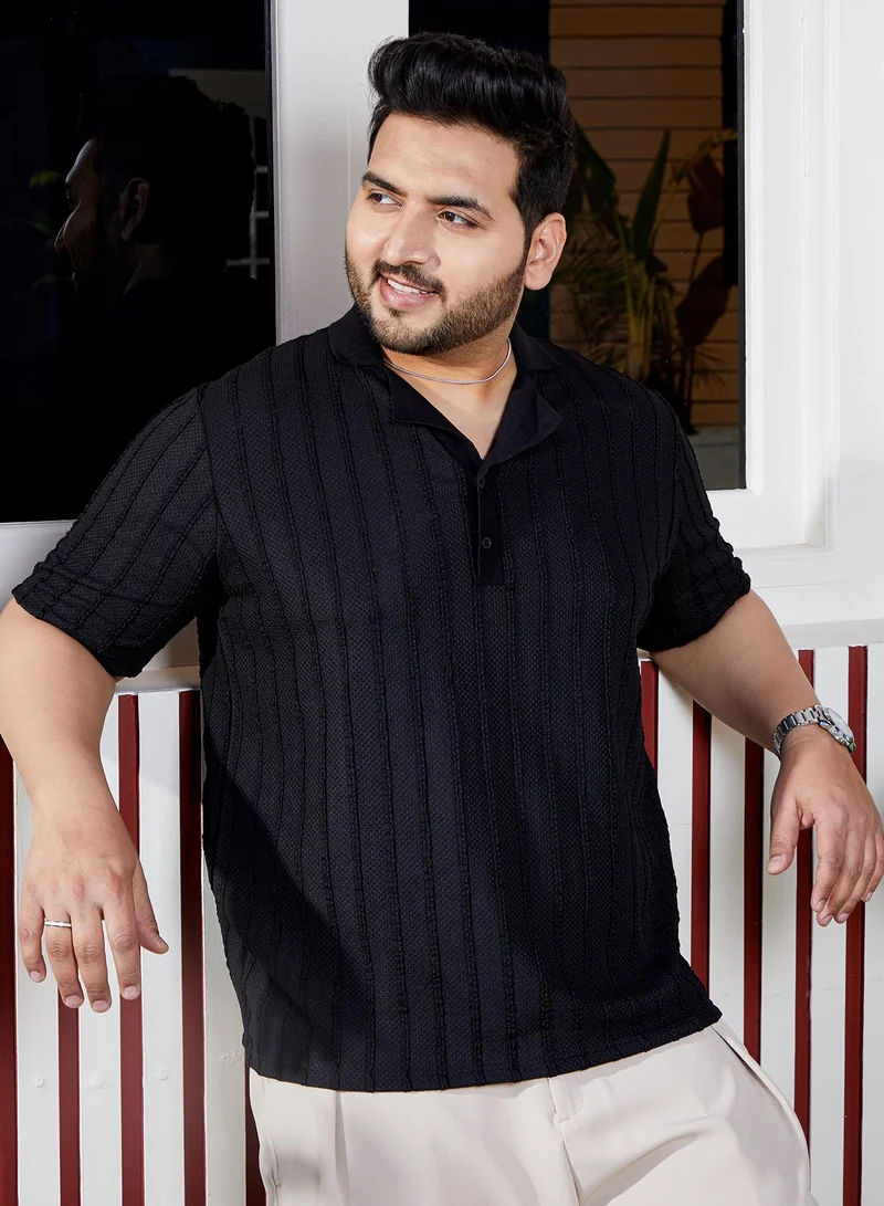 Instafab Plus Instafab Plus Men's Onyx Black Wicker-Tactitle Polo T-Shirt For Casual Wear | Polo Neck | Short Cuffed Sleeves | Half-Button Closure | Plus Size T-Shirt Crafted With Comfort Fit For Everyday Wear