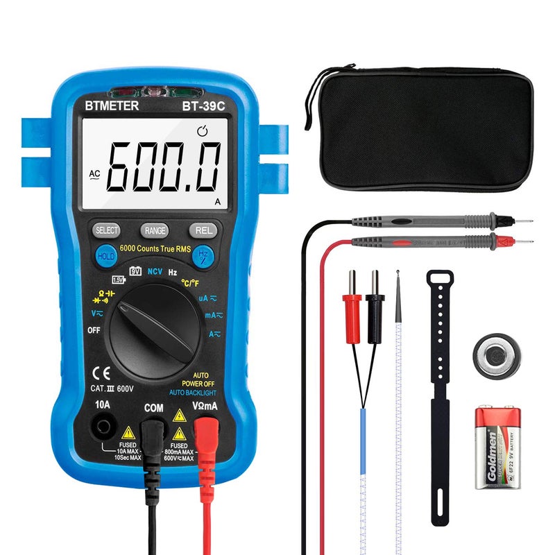 BTMETER BT39C True RMS Multimeter Auto Range Digital Avometer 6000 Counts Accurate Measures ACDC Amps Volts Ohms CapacitanceFrequency with Auto Backlight NCV Temp Test