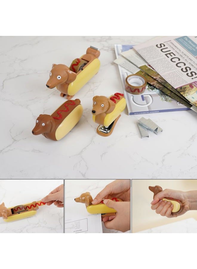 Yobro Desk Stapler Set,Office Supply Kit Includes Tape Dispenser & Mini Stapler,Miniature Dachshund Hot Dog Design with Squeezing Toy - Image 2