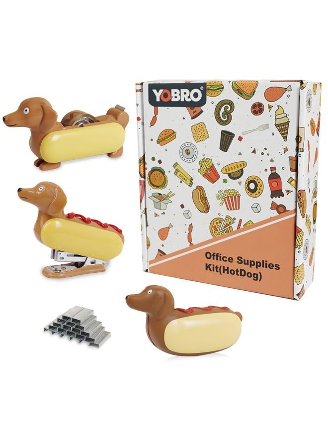 Yobro Desk Stapler Set,Office Supply Kit Includes Tape Dispenser & Mini Stapler,Miniature Dachshund Hot Dog Design with Squeezing Toy - Image 1
