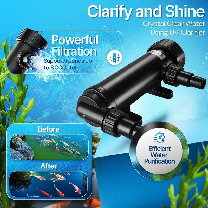 Flexzion Pond UV Lights for Outdoor Ponds - 9W Small Light, 2113-Gal Capacity, 1500L/H UV Pond Clarifier for Outdoor Ponds, Clears Water in Days (CUV-109A) - Image 2