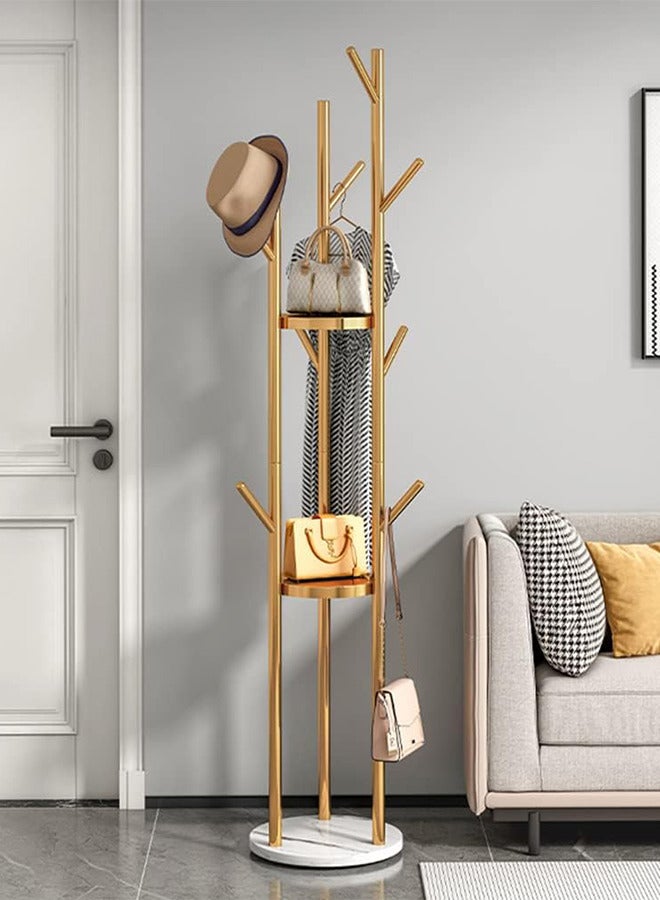 Loquat Freestanding Coat Rack Stand Metal Coat Tree with Round Marble Base Modern Coat Stand Hanger with 3-tier Storage Shelves and 9 Hooks Floor Coat Rack Brass for Entry Living Room Bedroom - Image 1