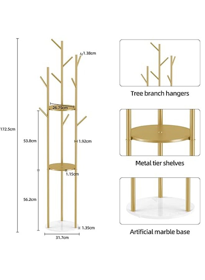 Loquat Freestanding Coat Rack Stand Metal Coat Tree with Round Marble Base Modern Coat Stand Hanger with 3-tier Storage Shelves and 9 Hooks Floor Coat Rack Brass for Entry Living Room Bedroom - Image 2