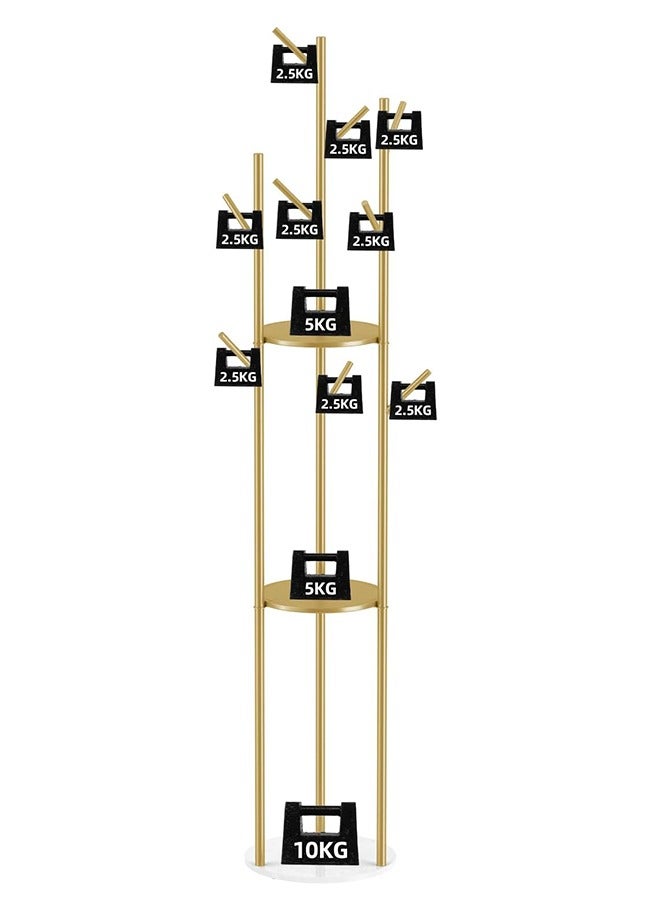 Loquat Freestanding Coat Rack Stand Metal Coat Tree with Round Marble Base Modern Coat Stand Hanger with 3-tier Storage Shelves and 9 Hooks Floor Coat Rack Brass for Entry Living Room Bedroom - Image 3