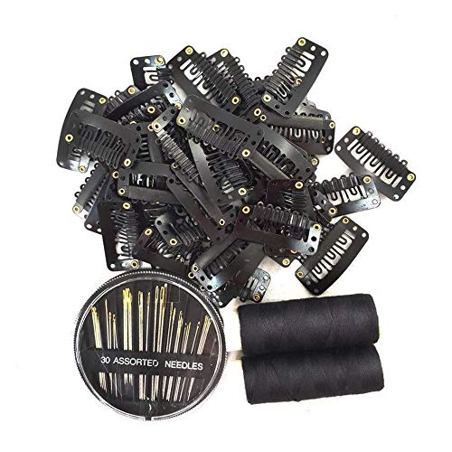 50Pcs Wig Clips 32mm Snap Clips For Hair Extensions I Shape Hair Clips Tools 6 Teeth Black Color Hair Extension Clips 30 Assorted Sewing Needles and 2 Rolls Thread Black