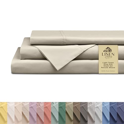Linen Home 100% Cotton Percale Sheets King Size, Light Taupe, Deep Pocket, 4 Pieces Set - 1 Flat, 1 Deep Pocket Fitted Sheet and 2 Pillowcases, Crisp Cool and Strong Bed Linen