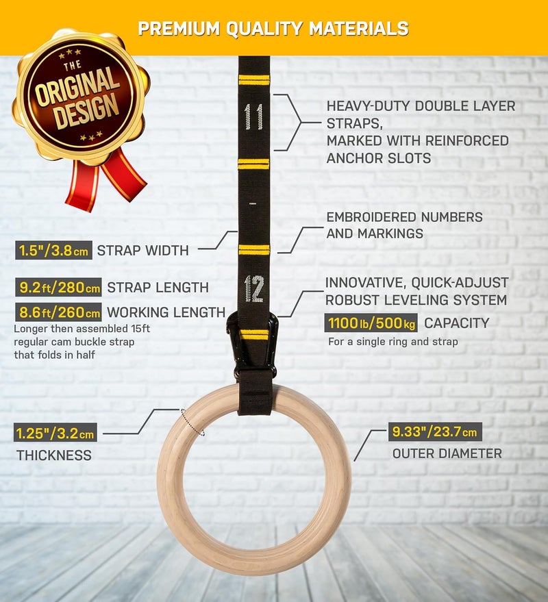 Double Circle Wood Gymnastics Rings with Quick Adjust Numbered Straps and Exercise Videos Guide - Full Body Workout Rings, Calisthenics, Home Gym (Multi-Size) - Image 5