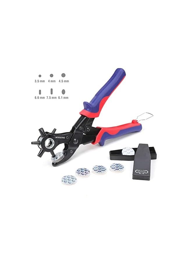 PROMASS Leather Hole Punch, Belt Hole Puncher, Heavy Duty Revolving Punch Plier with 6 Holes, Multi Sized for Belts, Crafts, Card, Rubber  - Image 1