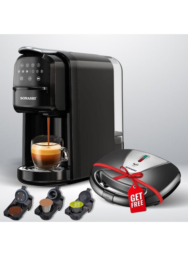 SONASHI Buy 3 in 1 Multi Capsule Coffee Machine and Get  - Cake Pop Maker (12 Pcs) | Digital Touch Coffee Maker with Non-Stick Baking Cake Pop Maker | Nespresso/Dolce Gusto/Coffee Powder Coffee Machine 700 ml 1400 W SCM-4985 + SCPM-872 Black - Image 1