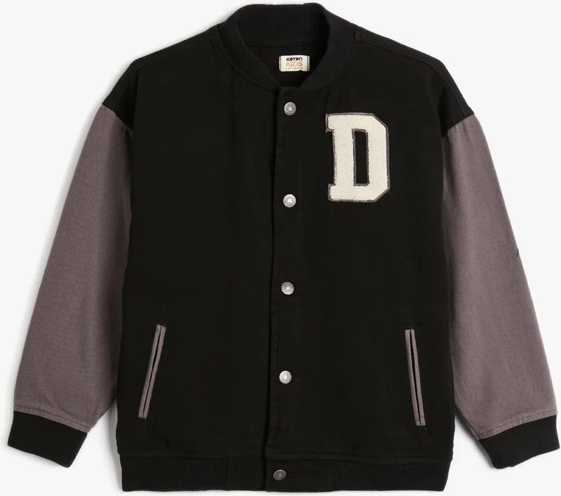 KOTON Koton Bomber College Jacket with Snap Buttons and Printed Appliques