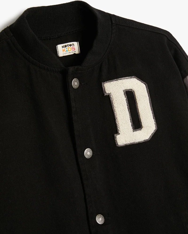 KOTON Koton Bomber College Jacket with Snap Buttons and Printed Appliques