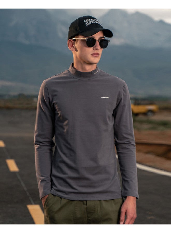 Semi-turtle Neck Heavyweight】men's Long Sleeve T-shirt - Youth Minimalist Print Base Layer Mid-neck Tee - Image 1