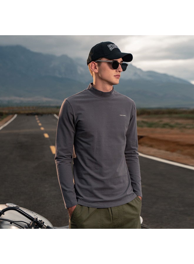 Semi-turtle Neck Heavyweight】men's Long Sleeve T-shirt - Youth Minimalist Print Base Layer Mid-neck Tee - Image 4