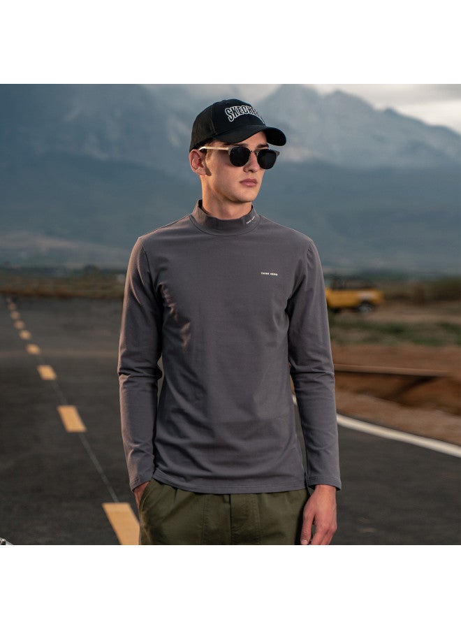 Semi-turtle Neck Heavyweight】men's Long Sleeve T-shirt - Youth Minimalist Print Base Layer Mid-neck Tee - Image 2