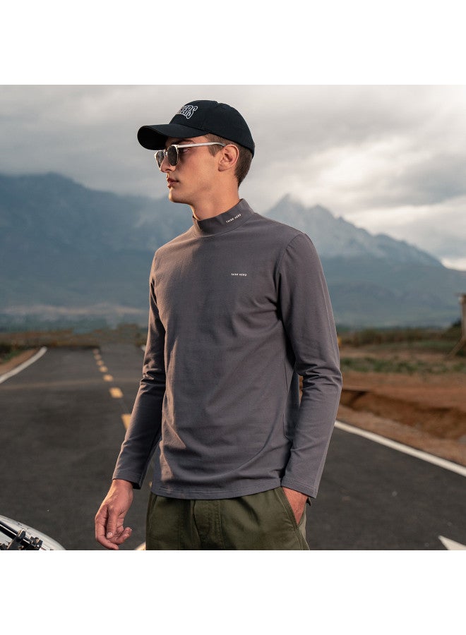 Semi-turtle Neck Heavyweight】men's Long Sleeve T-shirt - Youth Minimalist Print Base Layer Mid-neck Tee - Image 5