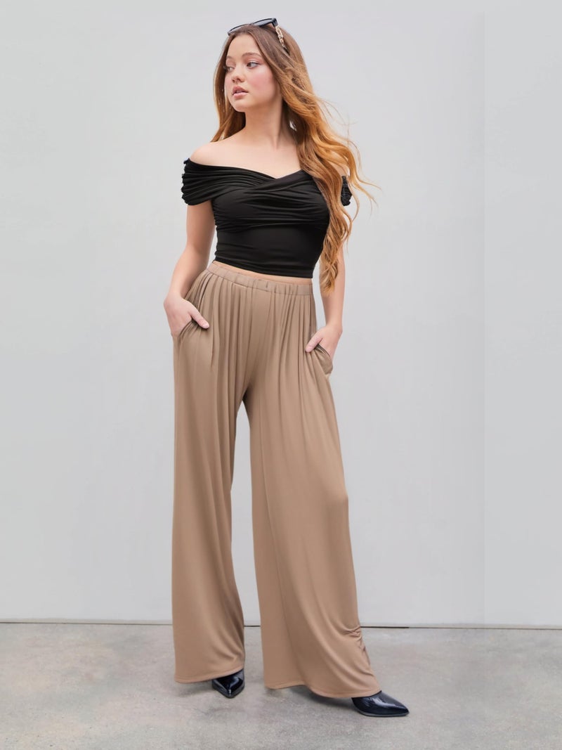 CIDER Palazzo Pants for Women Wide Leg Flowy Pants with Pockets Elastic Mid Waist Summer Beach Vacation Outfits Lightweight Coffee - Image 2