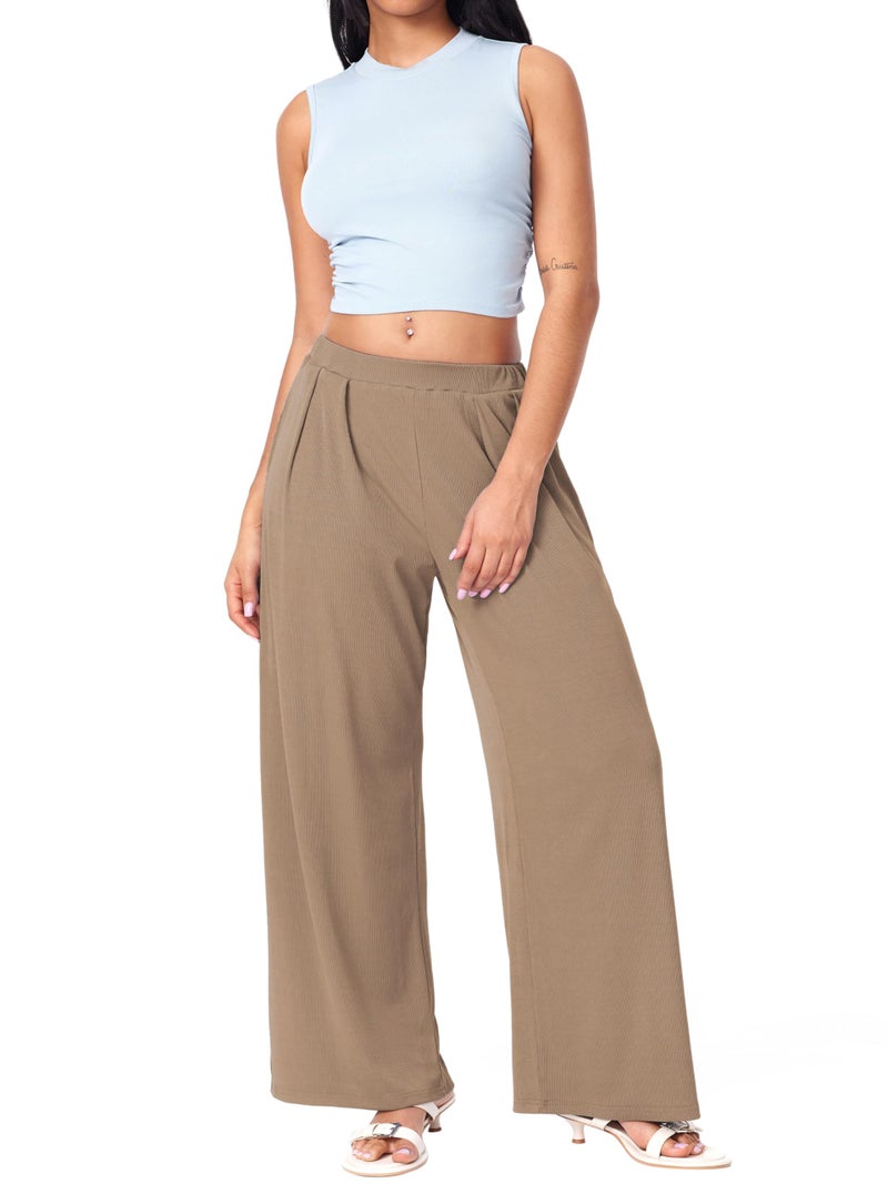 CIDER Palazzo Pants for Women Wide Leg Flowy Pants with Pockets Elastic Mid Waist Summer Beach Vacation Outfits Lightweight Coffee - Image 5
