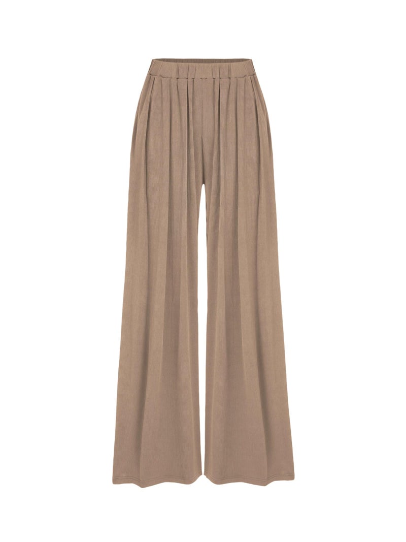 CIDER Palazzo Pants for Women Wide Leg Flowy Pants with Pockets Elastic Mid Waist Summer Beach Vacation Outfits Lightweight Coffee - Image 1