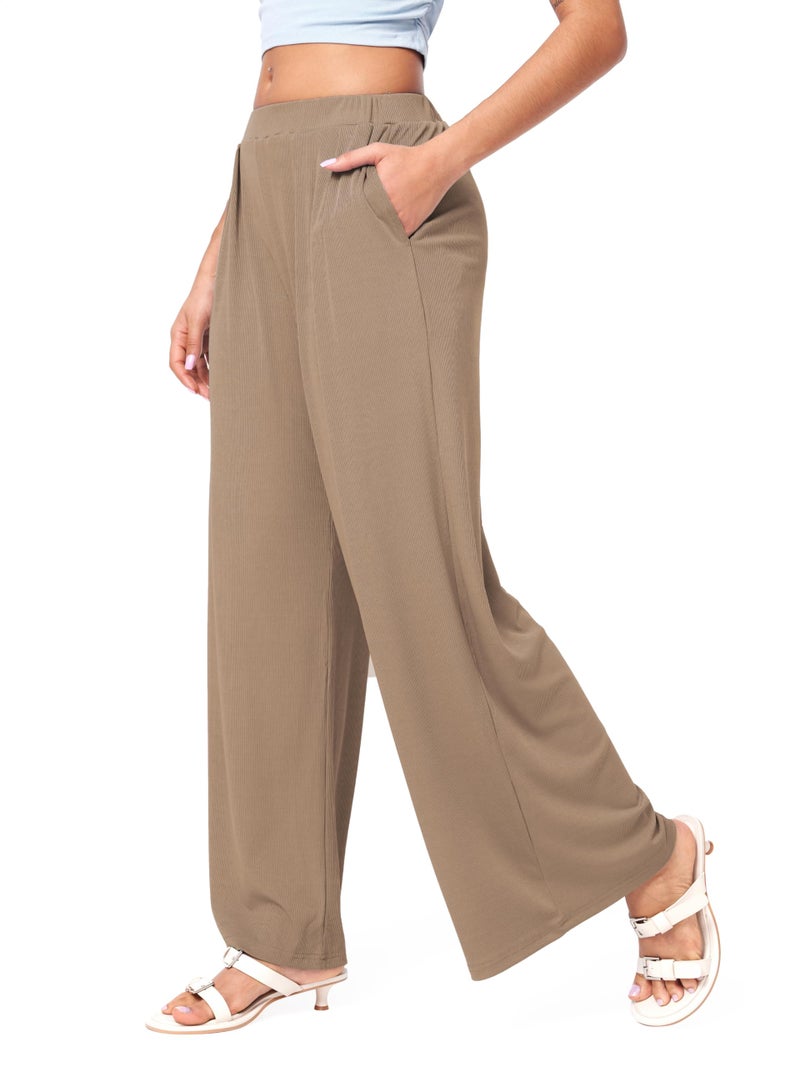 CIDER Palazzo Pants for Women Wide Leg Flowy Pants with Pockets Elastic Mid Waist Summer Beach Vacation Outfits Lightweight Coffee - Image 4