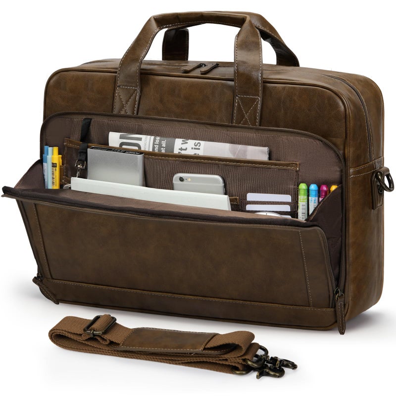 RAINSMORE Mens Laptop Bag 16 Inch Leather Briefcase Vintage Messenger Bag for Men Large Crossbody Shoulder Office Computer Bag Retro College Satchel Bag for Work, Business,Travel, Brown - Image 1