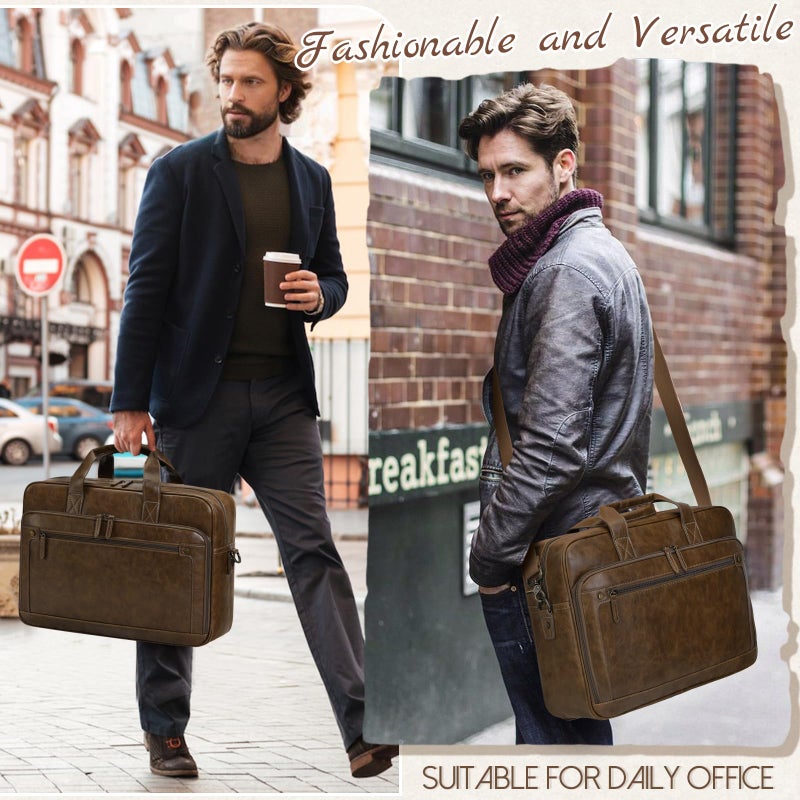 RAINSMORE Mens Laptop Bag 16 Inch Leather Briefcase Vintage Messenger Bag for Men Large Crossbody Shoulder Office Computer Bag Retro College Satchel Bag for Work, Business,Travel, Brown - Image 2