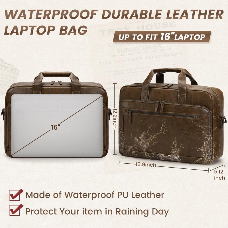 RAINSMORE Mens Laptop Bag 16 Inch Leather Briefcase Vintage Messenger Bag for Men Large Crossbody Shoulder Office Computer Bag Retro College Satchel Bag for Work, Business,Travel, Brown - Image 3