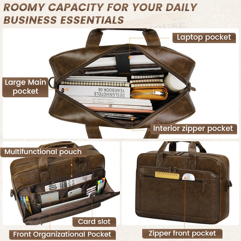 RAINSMORE Mens Laptop Bag 16 Inch Leather Briefcase Vintage Messenger Bag for Men Large Crossbody Shoulder Office Computer Bag Retro College Satchel Bag for Work, Business,Travel, Brown - Image 4