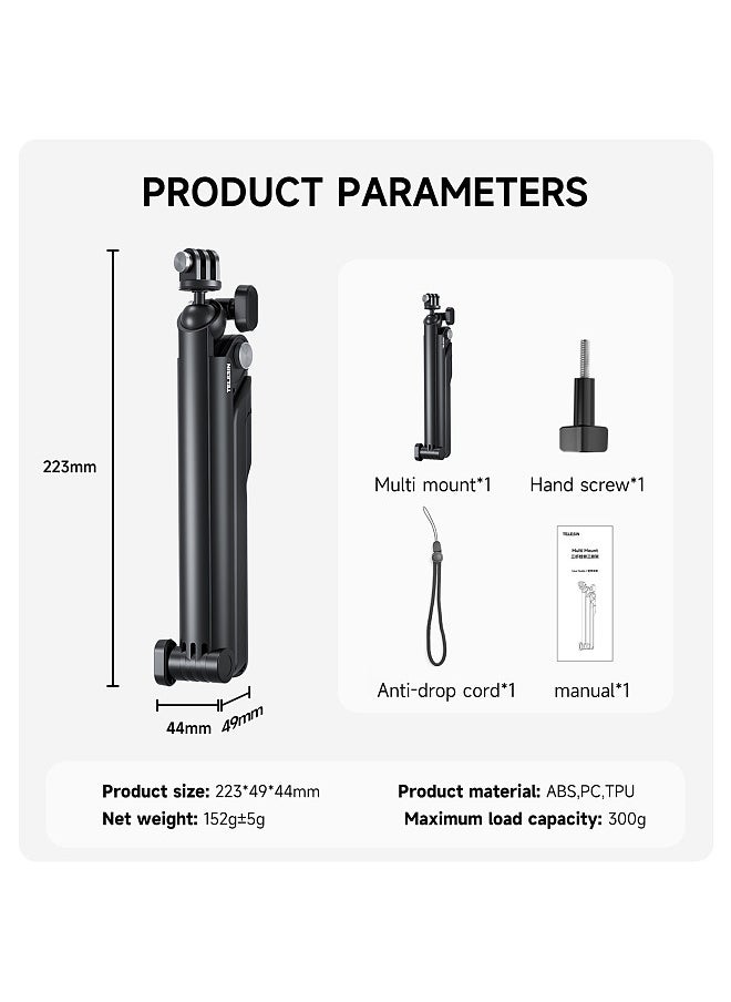 Generic - TELESIN TE-TPR-009 Tripod Stand Foldable Pole 360° Rotatable Selfie Stick Multi-Mount Tripod 3-Way Adjustable Handler Grip Mutifunctional Camera Stick Compatible with GoPro11/10/9 - Image 1