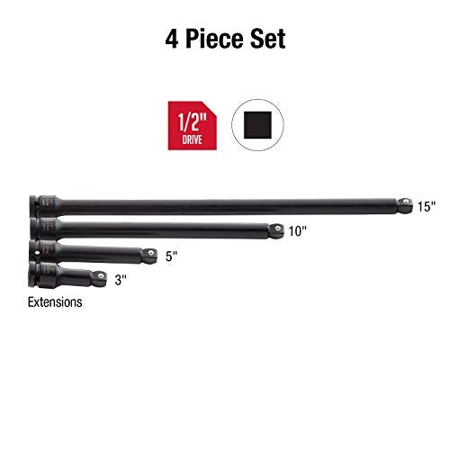 SUNEX TOOLS 2504, 1/2 Inch Drive Impact Extension Set, 4 Piece, SAE, 3 Inch - 15 Inch, Cr-Mo Steel, Radius Corner Design, Wobble Drive, Steel Ball Retainer, Dual Size Markings, with Storage Tray - Image 2