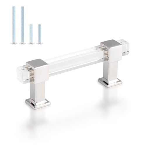 knobelite 10 Pack Kitchen Cabinet Handles, 3 Inch Hole Center Clear Acrylic Cabinet Pulls, Zinc Alloy Base Polished Chrome, Modern Drawer Pulls for Kirtchen and Bathroom Cabinets - Image 1