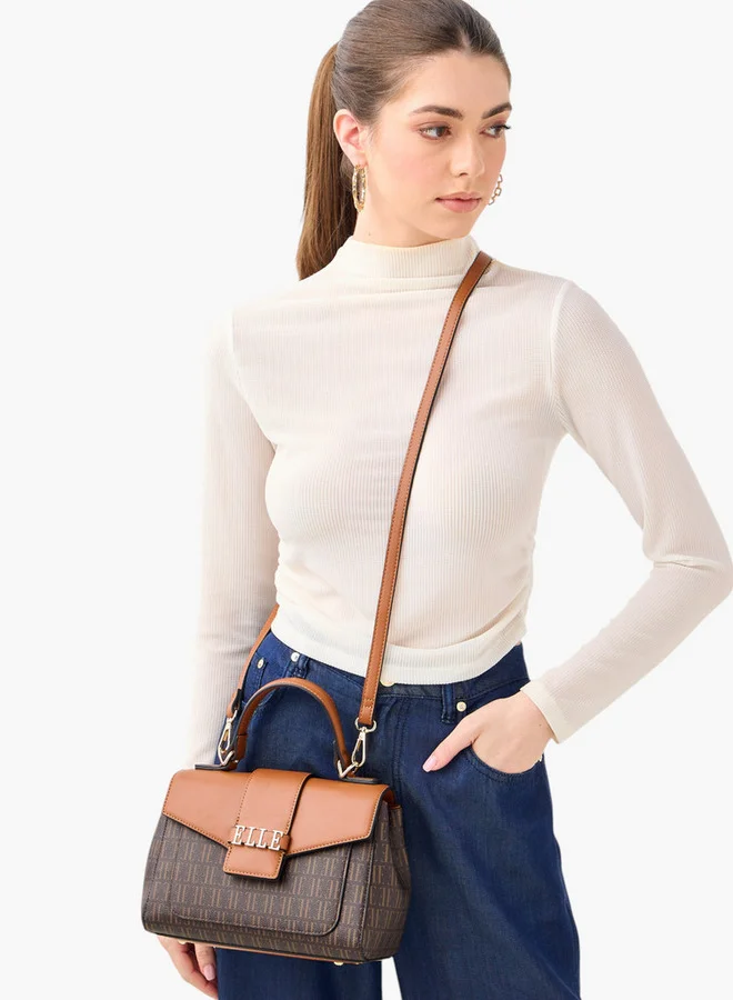 ELLE Monogram Print Satchel Bag with Top Handle