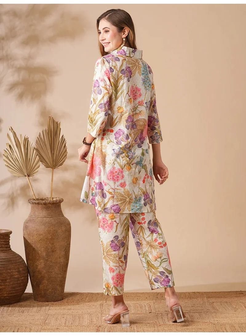 PRIYA’S PANACHE Multicolor Floral Printed Lace Embellished A-line Kurti with Pants Co-ord Set for Women – Multi | Indian Dress for Ladies | Kurta Set Ladies Indian | Ethnic Indian Wear | Cotton Kurti Set for Women | Best Price UAE