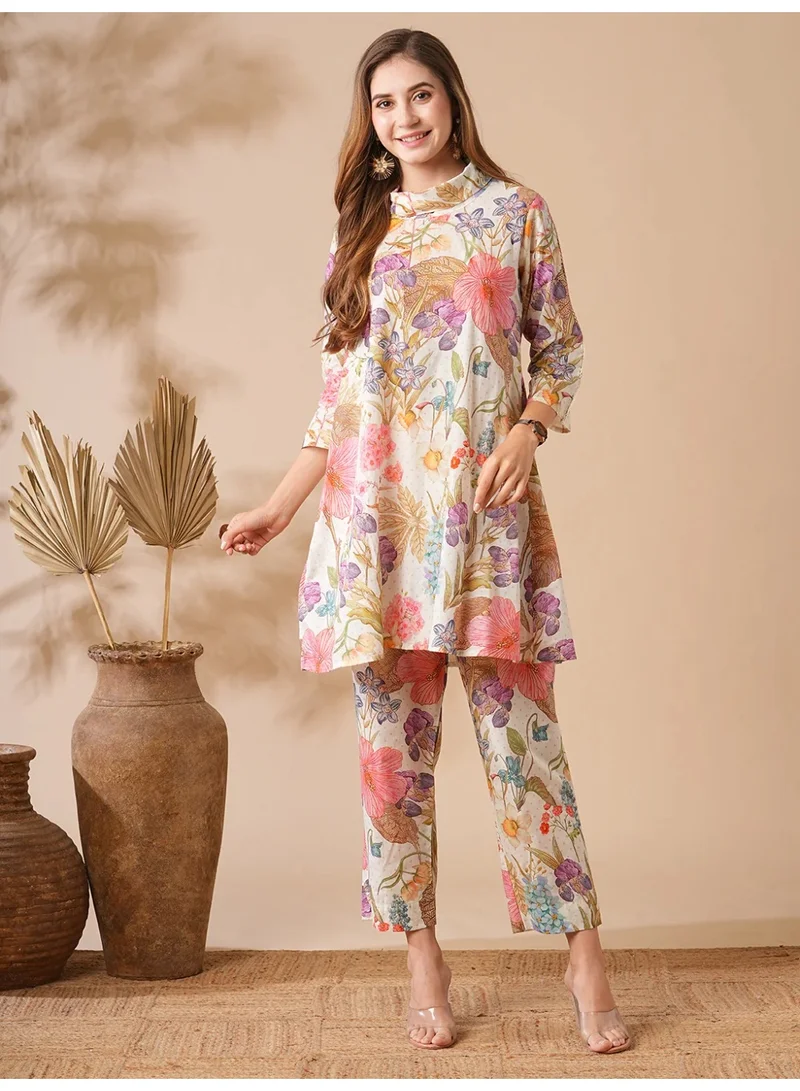 Floral Printed Lace Embellished A-line Kurti with Pants Co-ord Set for Women – Multi | Indian Dress for Ladies | Kurta Set Ladies Indian | Ethnic Indian Wear | Cotton Kurti Set