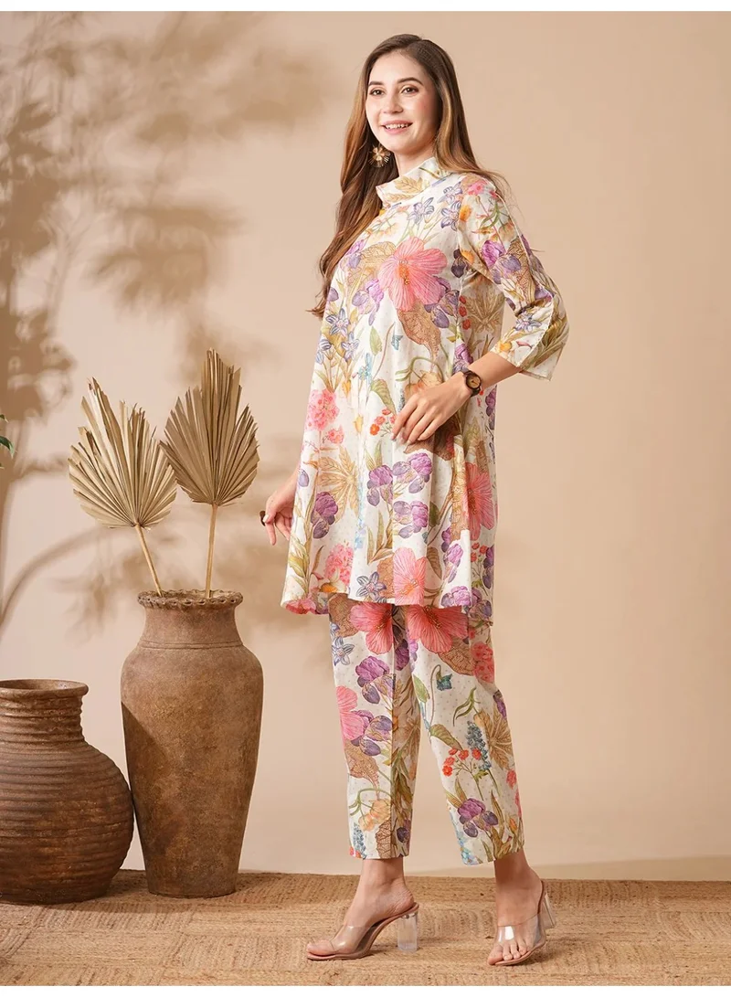 PRIYA’S PANACHE Multicolor Floral Printed Lace Embellished A-line Kurti with Pants Co-ord Set for Women – Multi | Indian Dress for Ladies | Kurta Set Ladies Indian | Ethnic Indian Wear | Cotton Kurti Set for Women | Best Price UAE