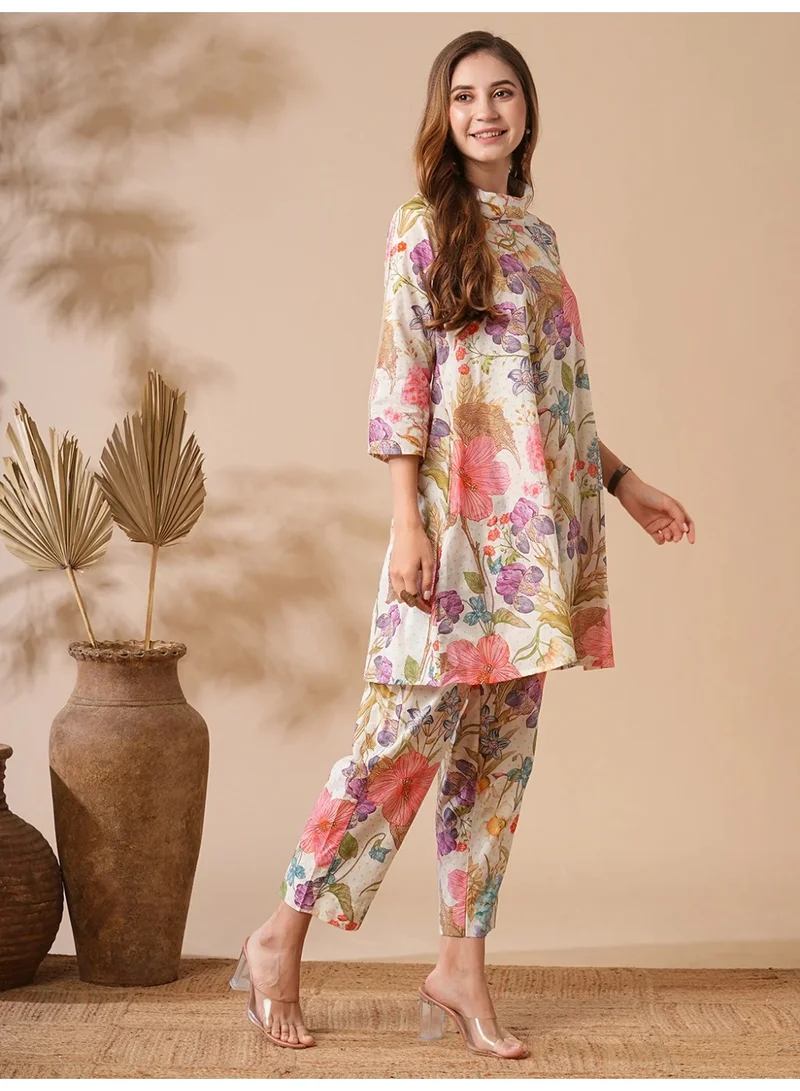PRIYA’S PANACHE Multicolor Floral Printed Lace Embellished A-line Kurti with Pants Co-ord Set for Women – Multi | Indian Dress for Ladies | Kurta Set Ladies Indian | Ethnic Indian Wear | Cotton Kurti Set for Women | Best Price UAE
