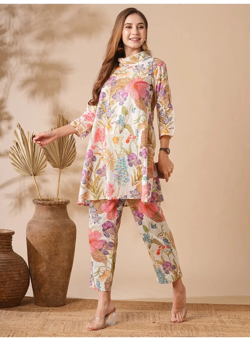 PRIYA’S PANACHE Multicolor Floral Printed Lace Embellished A-line Kurti with Pants Co-ord Set for Women – Multi | Indian Dress for Ladies | Kurta Set Ladies Indian | Ethnic Indian Wear | Cotton Kurti Set for Women | Best Price UAE