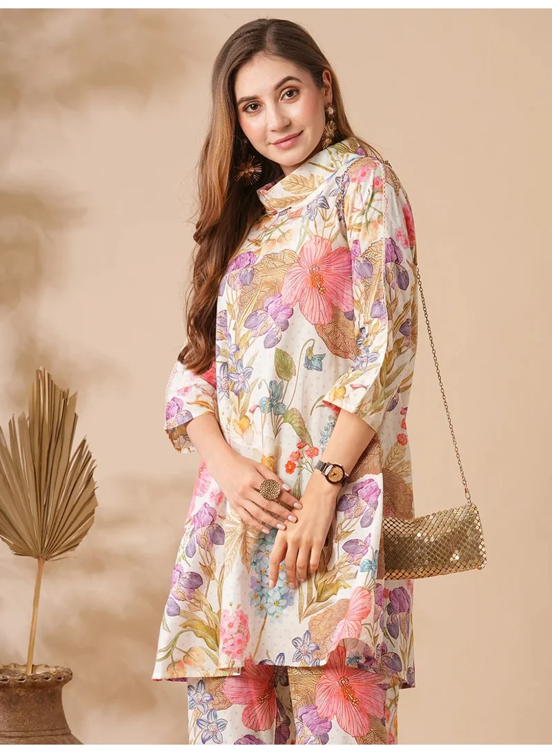 PRIYA’S PANACHE Multicolor Floral Printed Lace Embellished A-line Kurti with Pants Co-ord Set for Women – Multi | Indian Dress for Ladies | Kurta Set Ladies Indian | Ethnic Indian Wear | Cotton Kurti Set for Women | Best Price UAE