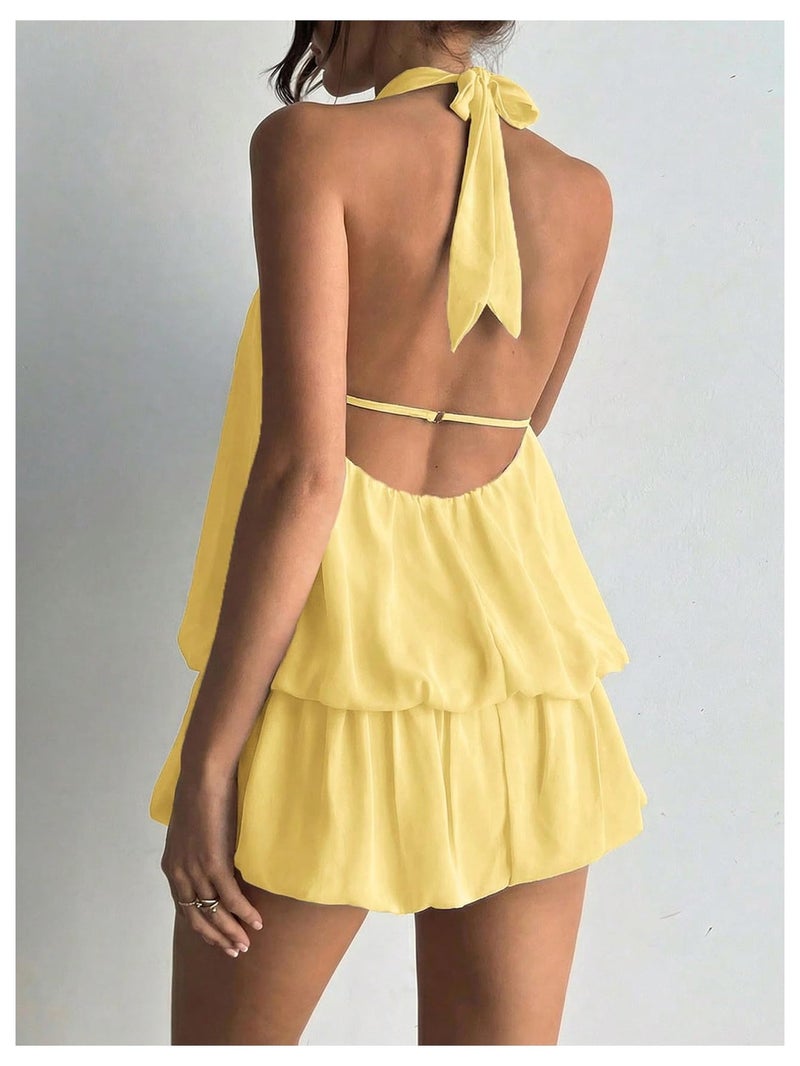 Floerns Women's Y2k Summer Halter Dress Tie Open Back Sleeveless Ruffle Hem Bubble Going Out Mini Dresses Butter Yellow Solid Small - Image 2