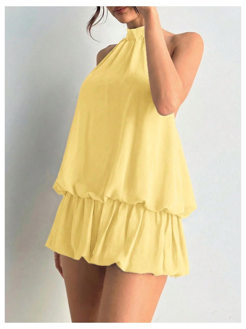 Floerns Women's Y2k Summer Halter Dress Tie Open Back Sleeveless Ruffle Hem Bubble Going Out Mini Dresses Butter Yellow Solid Small - Image 3