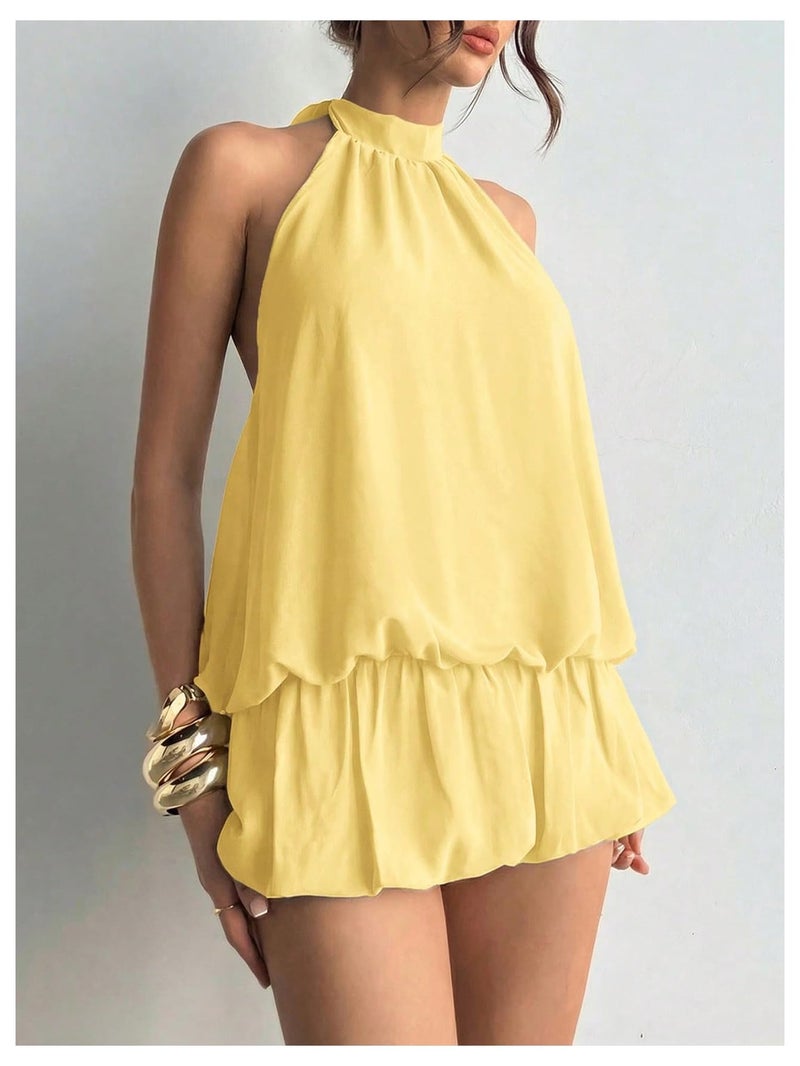 Floerns Women's Y2k Summer Halter Dress Tie Open Back Sleeveless Ruffle Hem Bubble Going Out Mini Dresses Butter Yellow Solid Small - Image 4