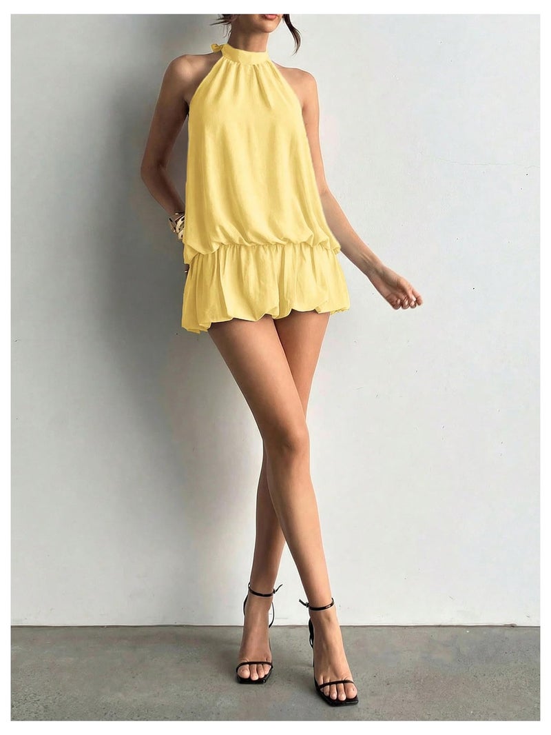 Floerns Women's Y2k Summer Halter Dress Tie Open Back Sleeveless Ruffle Hem Bubble Going Out Mini Dresses Butter Yellow Solid Small - Image 5