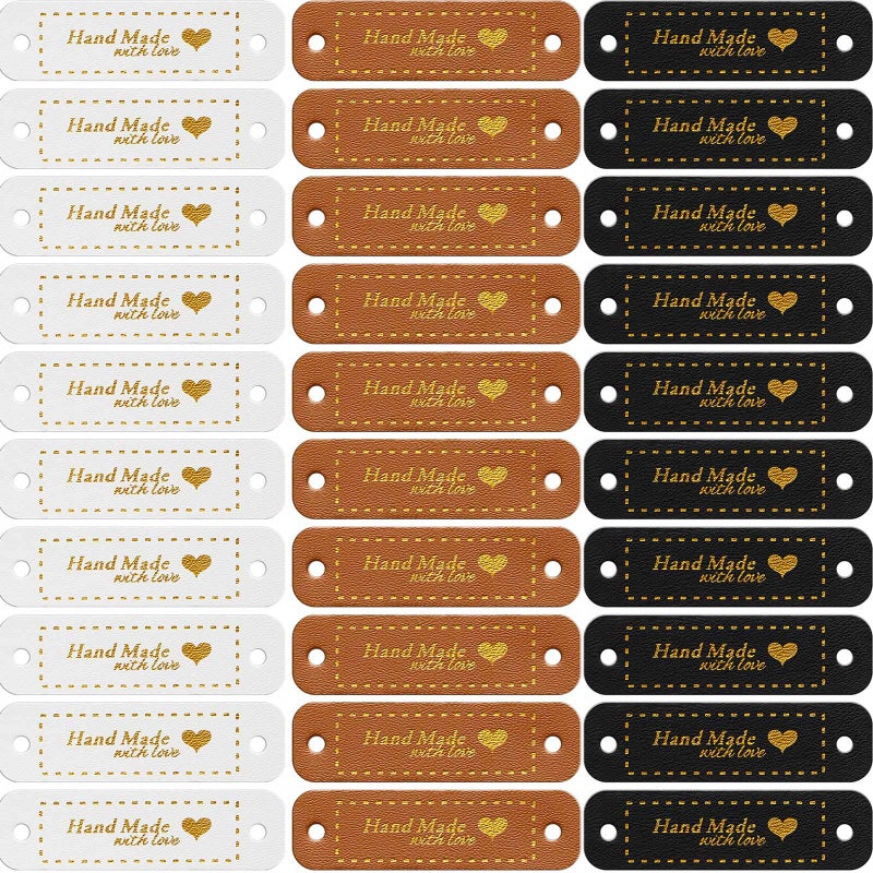WILLBOND 30 Pcs Leather Tags for Crochet Items PU Leather Labels Handmade Items Crochet Tags for Handmade Knit Accessories with Holes DIY Crafts Sewing KnittingBrown Black White