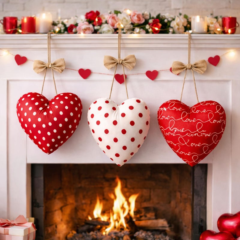 Moukeren 3 Pcs Large 10 Inch Valentine's Day Fabric Heart Ornaments, Big Hanging Heart Decorations, Rustic Farmhouse Style, 3 Styles Fabric Hearts for Home Decor Wedding Party DIY Crafts Wall Hanging - Image 1