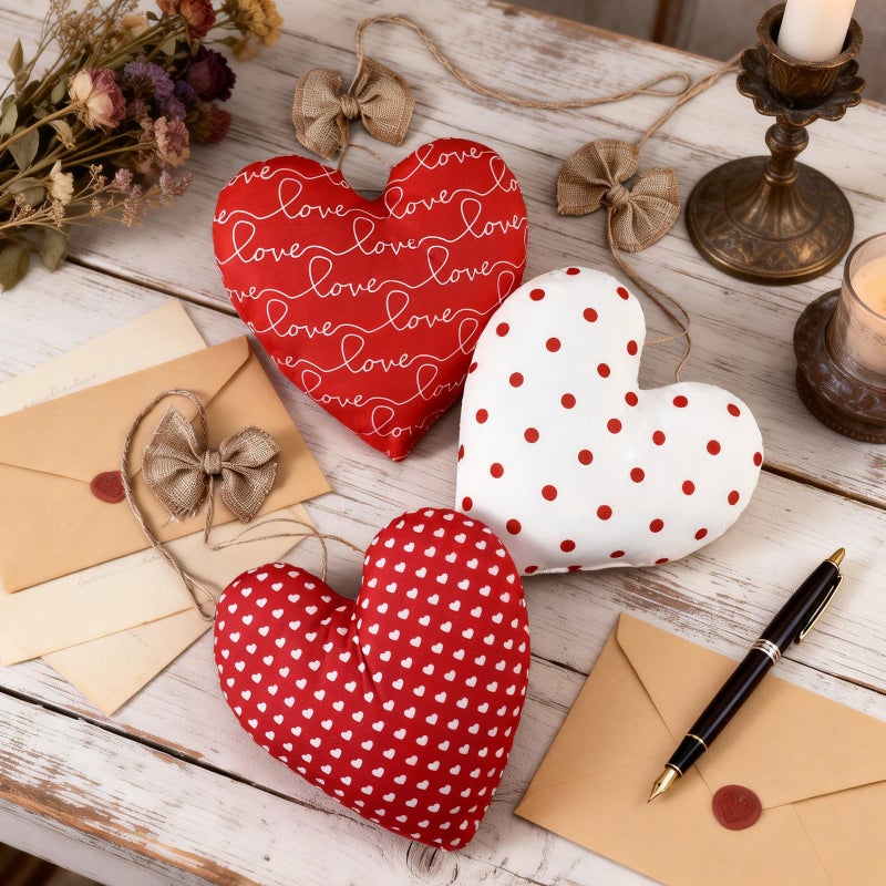 Moukeren 3 Pcs Large 10 Inch Valentine's Day Fabric Heart Ornaments, Big Hanging Heart Decorations, Rustic Farmhouse Style, 3 Styles Fabric Hearts for Home Decor Wedding Party DIY Crafts Wall Hanging - Image 5