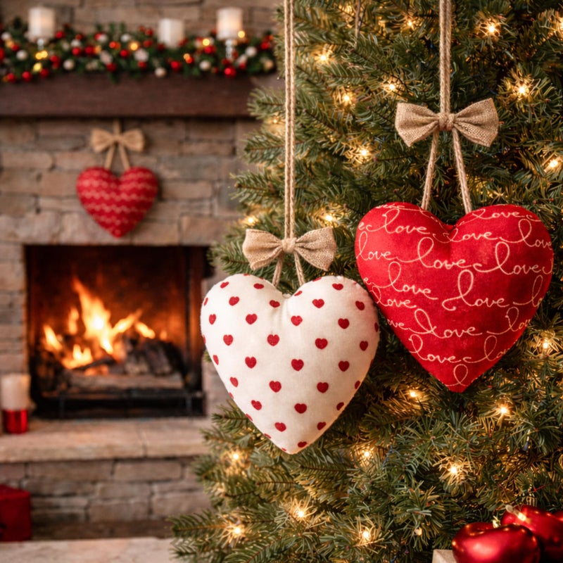 Moukeren 3 Pcs Large 10 Inch Valentine's Day Fabric Heart Ornaments, Big Hanging Heart Decorations, Rustic Farmhouse Style, 3 Styles Fabric Hearts for Home Decor Wedding Party DIY Crafts Wall Hanging - Image 4