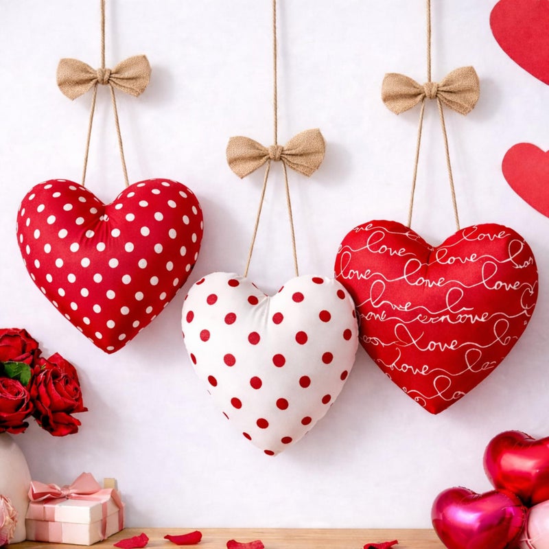 Moukeren 3 Pcs Large 10 Inch Valentine's Day Fabric Heart Ornaments, Big Hanging Heart Decorations, Rustic Farmhouse Style, 3 Styles Fabric Hearts for Home Decor Wedding Party DIY Crafts Wall Hanging - Image 3
