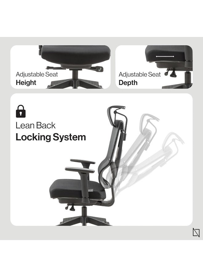 NAVODESK NAVO AERO, Premium Ergonomic Fabric Office Chair with Multi Adjustable Features, High Back Computer Desk Chair with Height Adjustable Mesh Backrest and 4D Armrests (PURE BLACK) - Image 5