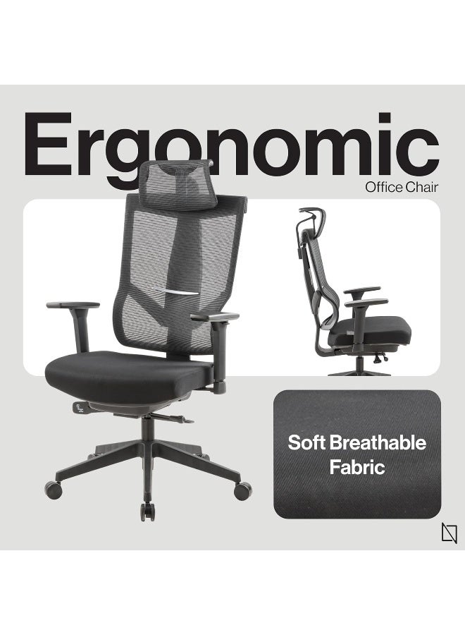 NAVODESK NAVO AERO, Premium Ergonomic Fabric Office Chair with Multi Adjustable Features, High Back Computer Desk Chair with Height Adjustable Mesh Backrest and 4D Armrests (PURE BLACK) - Image 4